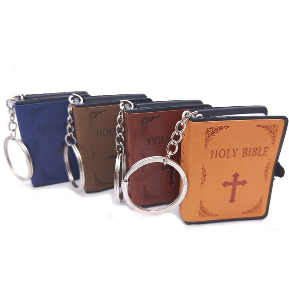 

1pcs Fashion Key Chain With Mini Bible English Mini Holy Bible Keychains Pu Leather Religious Christian Jesus Cross Keyrings