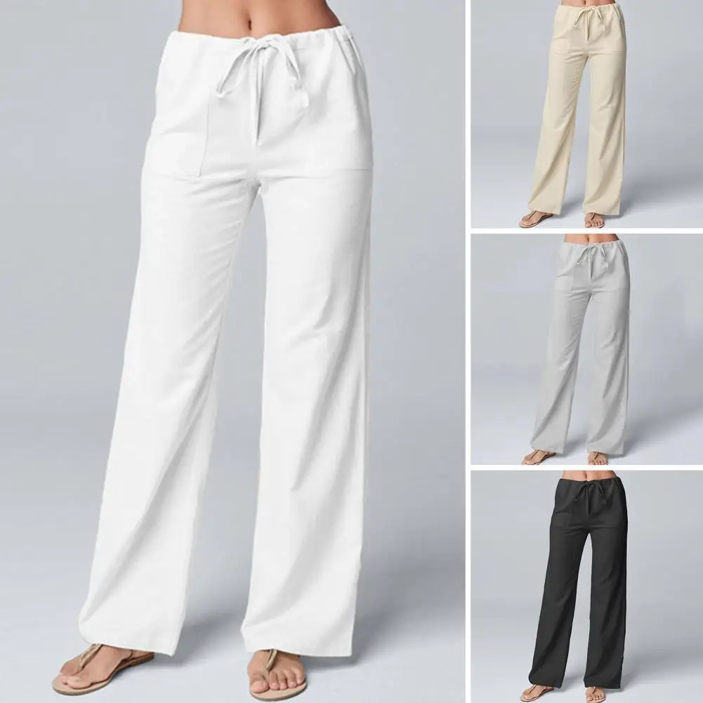 

Women Pants Loose Fit Mid-rise Drawstring Casual Pants Elastic Waistband Pockets Straight Wide Leg Long Trousers Streetwear