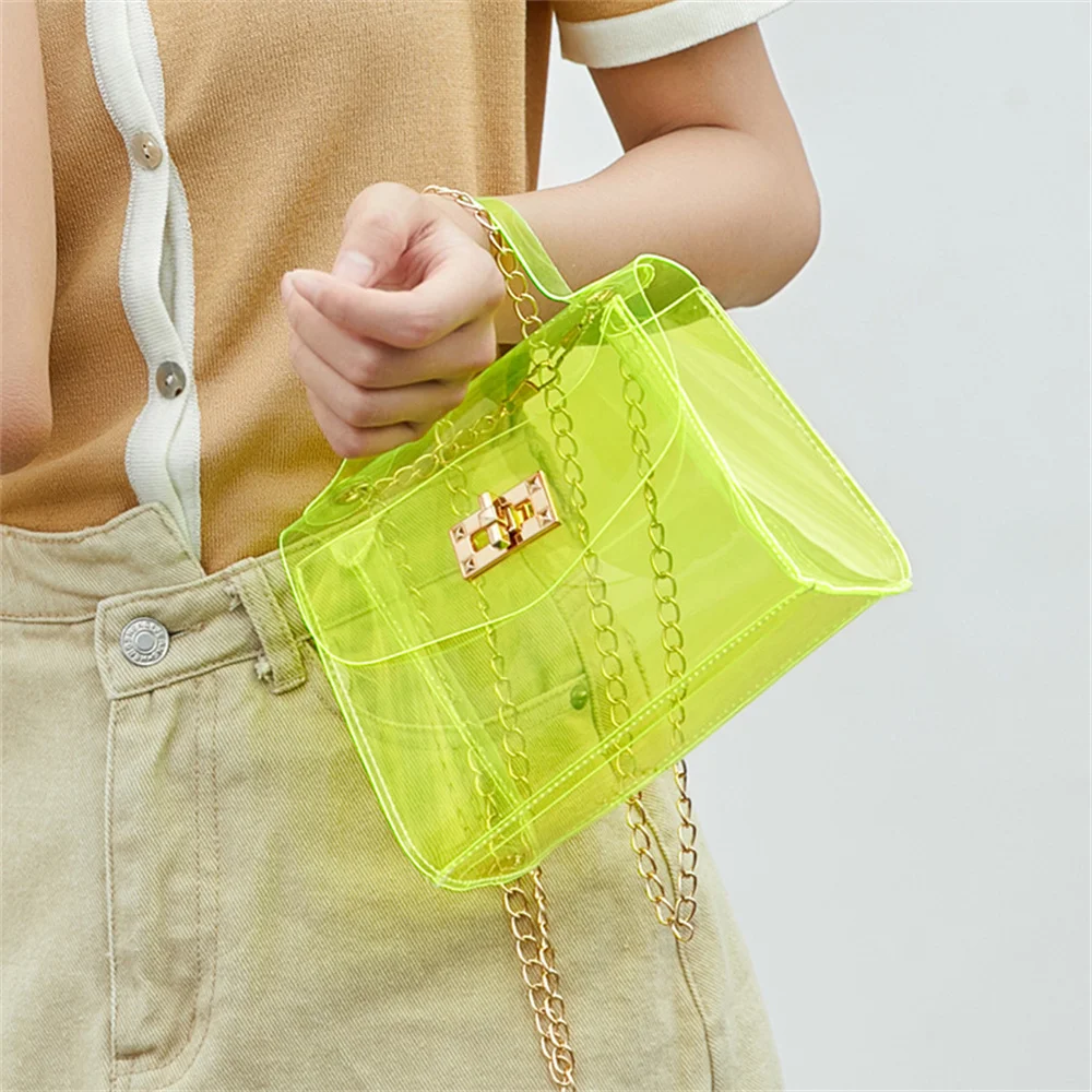 

Fashion Transparent Jelly Color Small Square Bag Women PVC Pillow Crossbody Bags Composite Shoulder Bags Locking Chain Handbag
