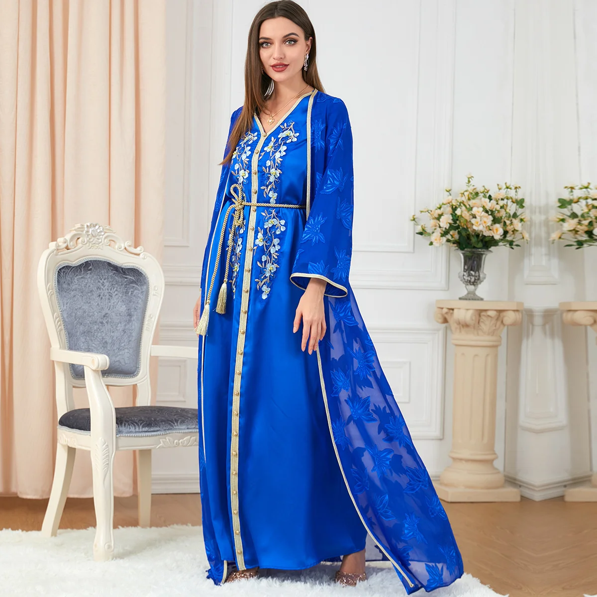 Embroidered Spring Summer Blue 2 Piece Long Loose Women Dresses 2023 Long Sleeve V-neck Casual Loose Fashion Dress Vestidos