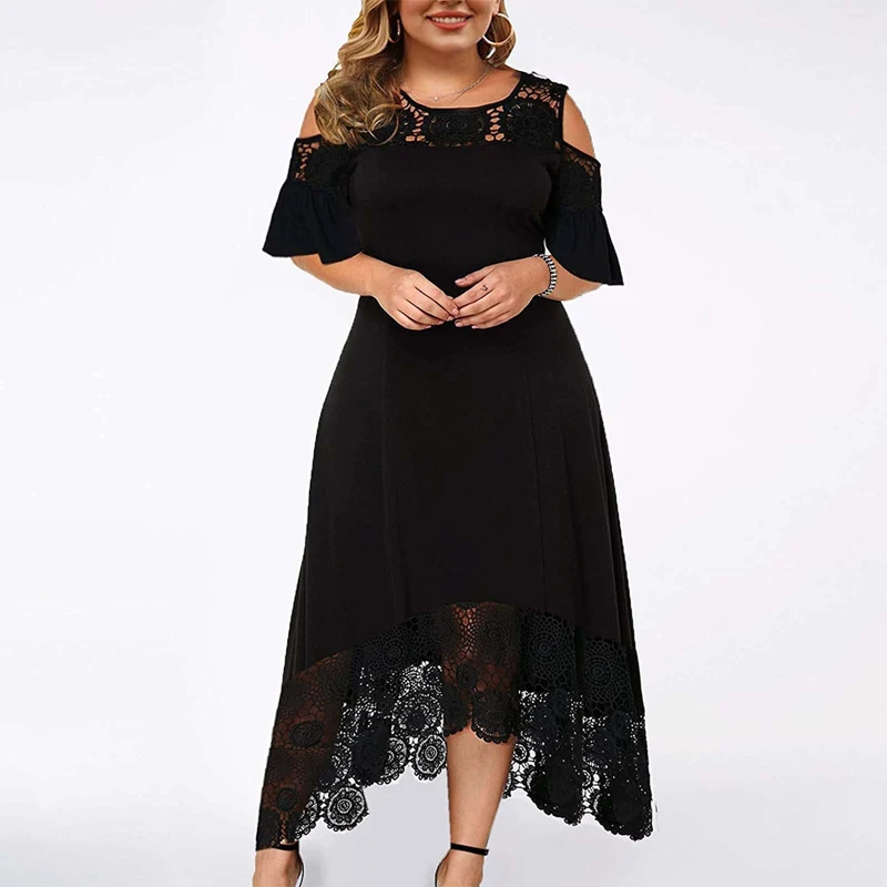 

Dressfo Plus Size Solid Dress Hollow Out Printed Lace Panel Cold Shoulder Asymmetrical Hem Short Sleeve Maxi Dresses