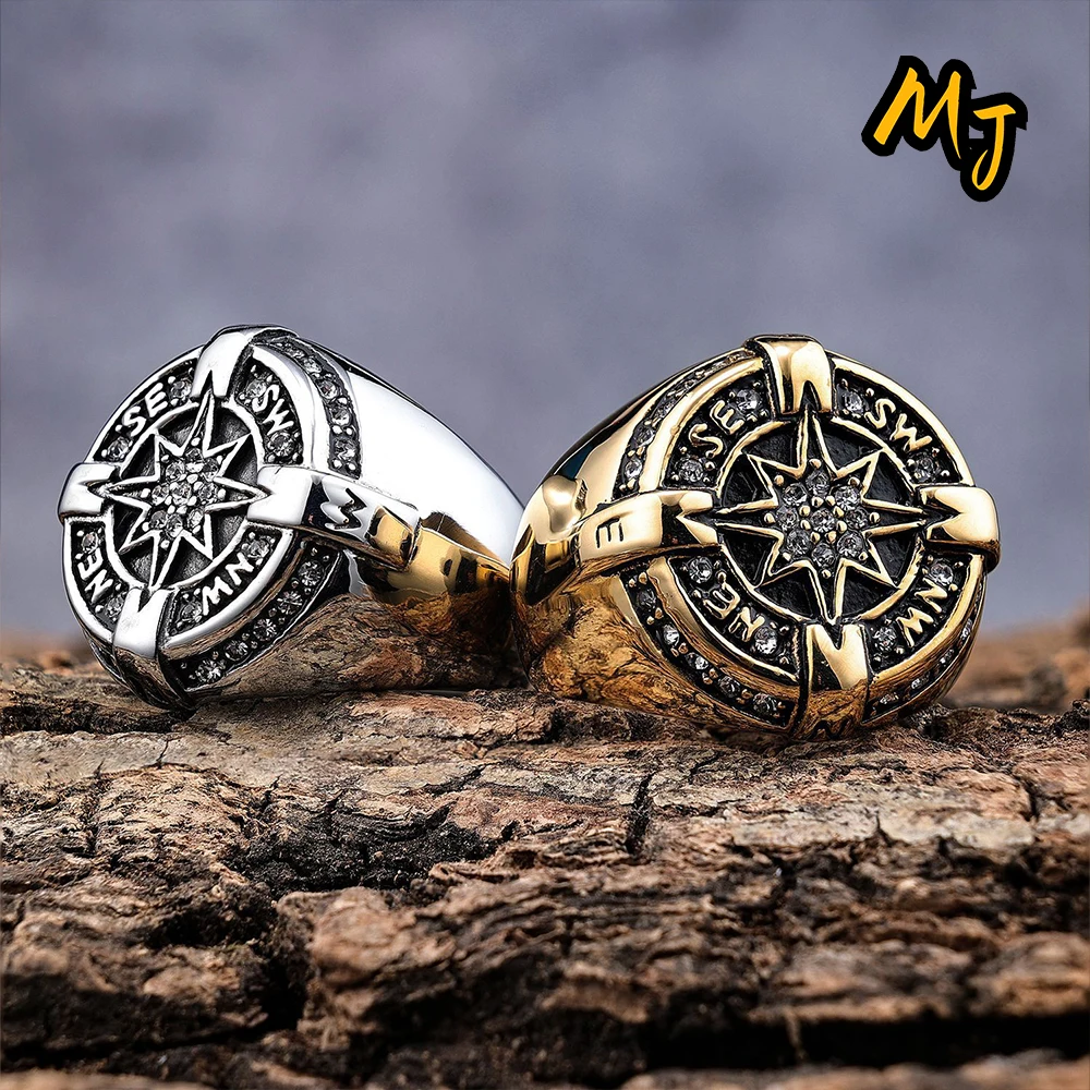 

New Vintage Stainless Steel Compass Rings With Stone For Men Women Punk Fshion Octagonal Star Ring Amulet Jewelry Gift Wholesale