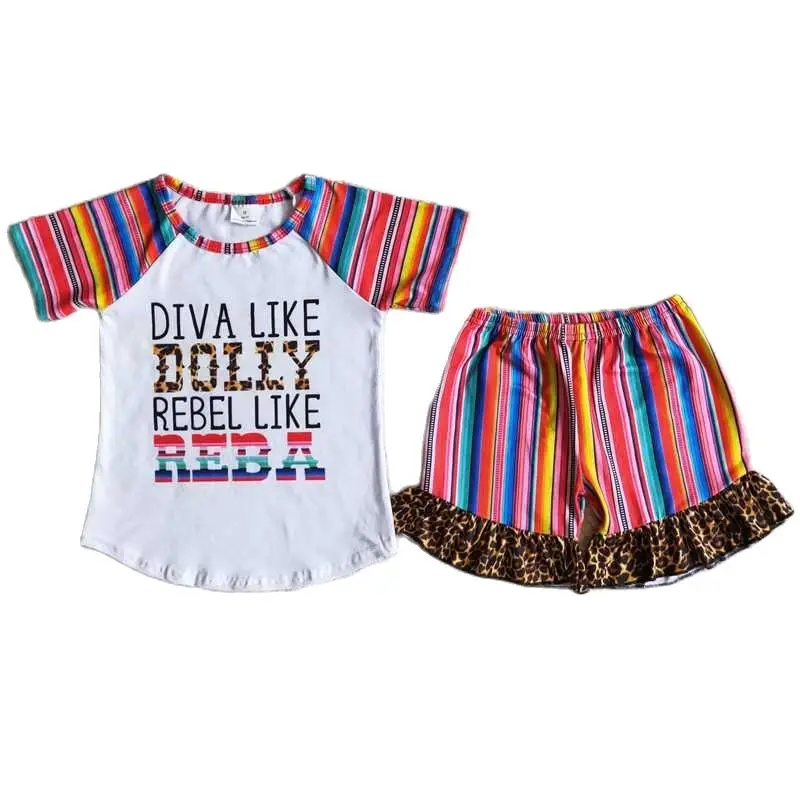 

B7-1 Kids Clothing Children Boutique Wholesale Summer Outfits Baby Girls Color Striped Short Sleeve Leopard Lace Shorts Set