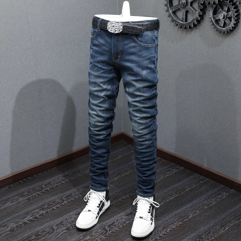 High Street Fashion Men Jeans Retro Dark Blue Elastic Stretch Skinny Fit Ripped Jeans Men Brand Designer Hip Hop Pants Hombre