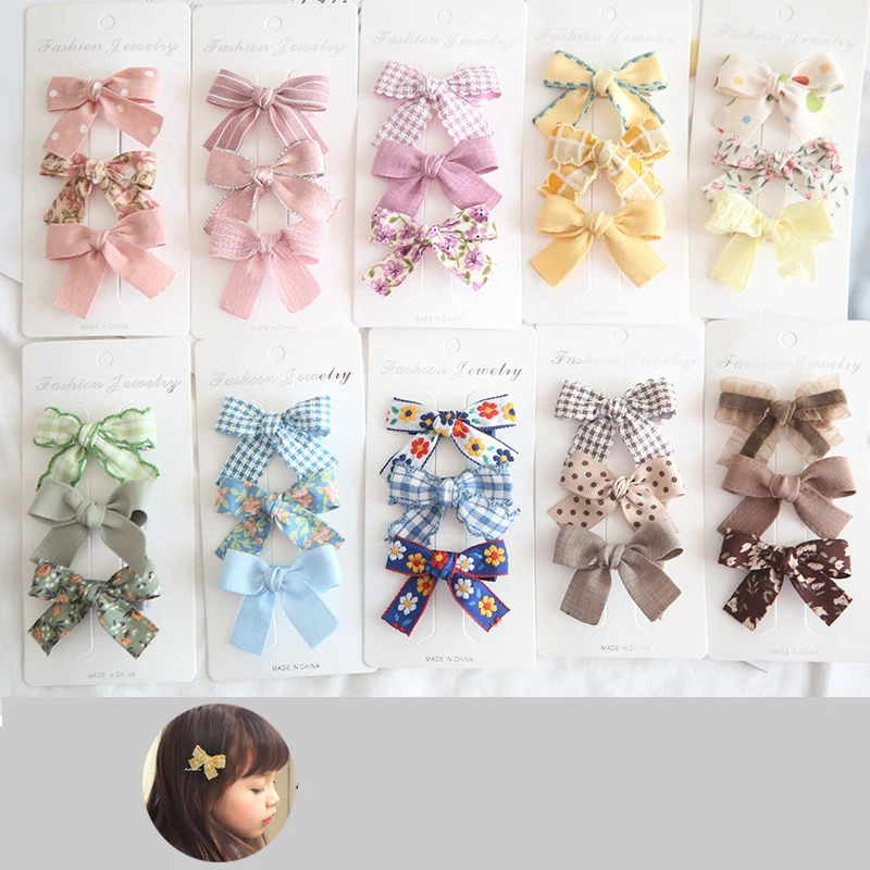 

Baby Girls Hair Clips Ribbon Bow-knot Toddlers Handmade Bows Barrettes Hairpins Floral Plaid Dot Kids Accessories 3pcs