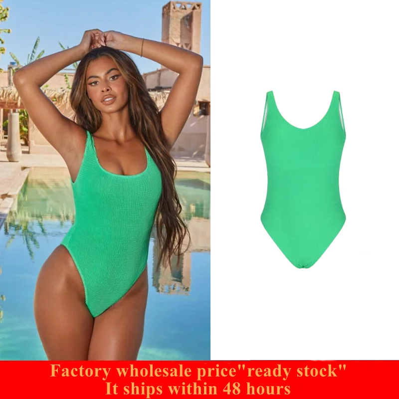 Женский цельный купальник-бикини с круглым вырезом и низкой спинкой ребристый