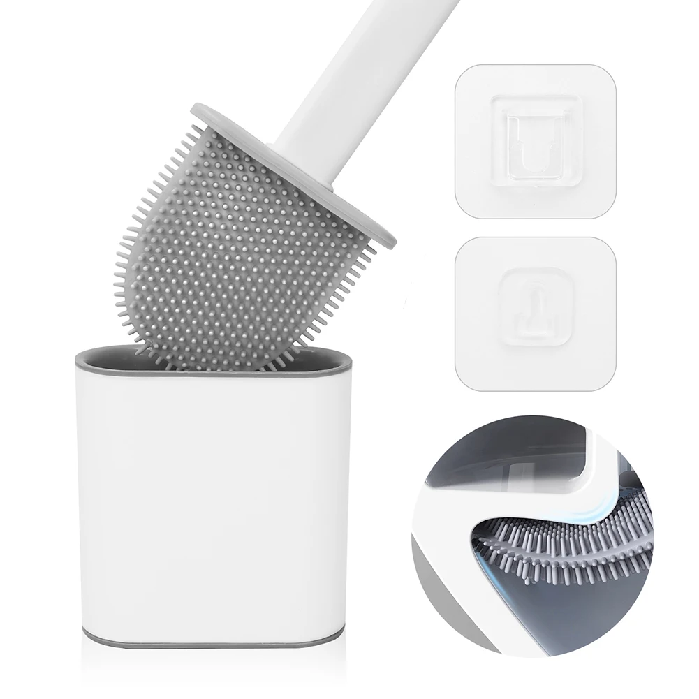 

Silicone Toilet Brush and Holder Set Water Leak Proof With base Flat Head Flexible Soft Bristles Brush with Quick Drying Holder