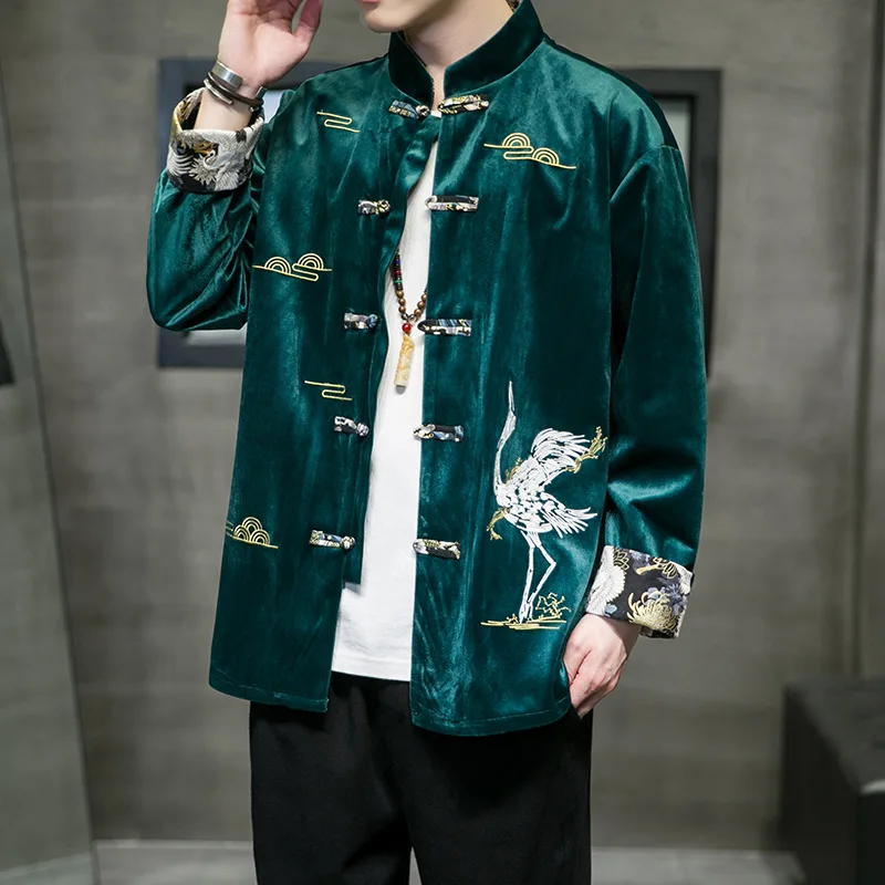 Chinese Style Men Tang Suit Embroidery Crane Hanfu Shirts Large Size Loose Corduroy Kimono Robe  Mandarin Collar Home Coat