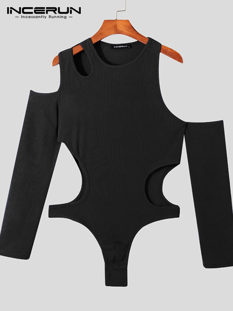 

INCERUN Men Bodysuits Solid Pajamas O-neck Long Sleeve Hollow Out Sexy Irregular Rompers 2022 Personality Men Bodysuit Underwear