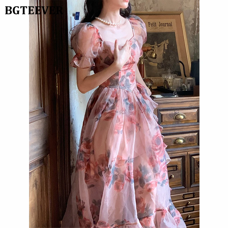 

Платье BGTEEVER женское с пышным рукавом, винтажное ТРАПЕЦИЕВИДНОЕ, с цветочным принтом, узкая талия, лето 2023