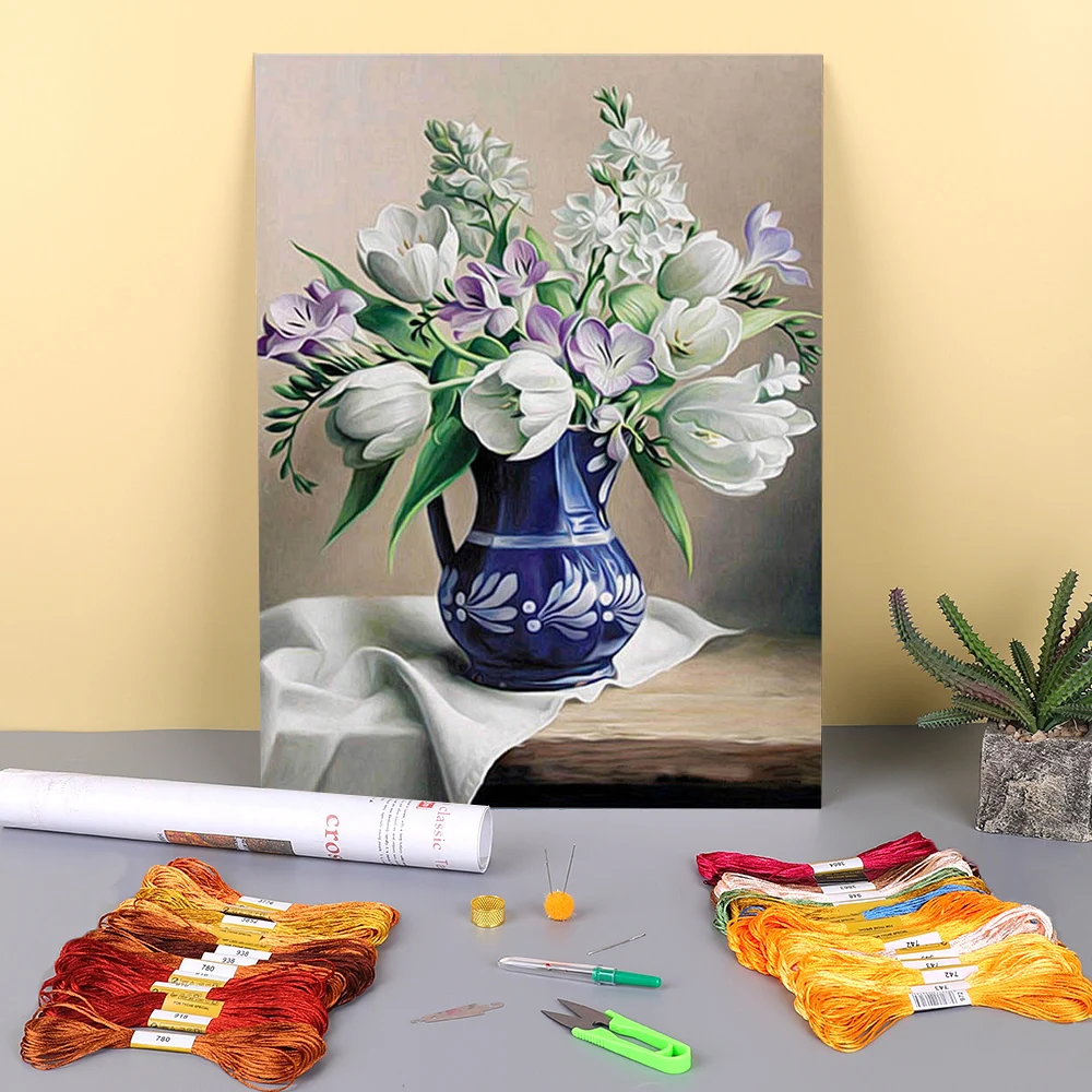 

Adult Flower Printed 11CT Cross Stitch Embroidery Patterns DMC Threads Painting Needlework Hobby Craft Magic Jewelry