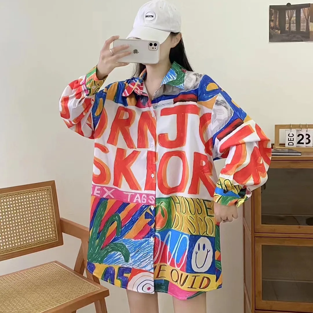 

Plus Size Letter Long Sleeve Shirt Women Autumn Loose Blouse Polo Collar Thin Outfit Clothes Футболка женская