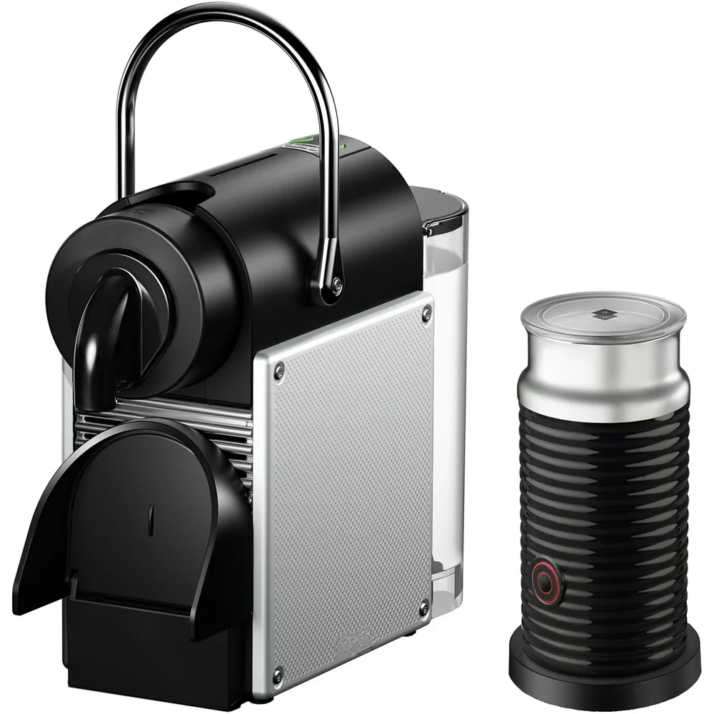 

Pixie Single-Serve Espresso with Simplified Water Tank in Aluminum and Aeroccino Milk Frother in Black