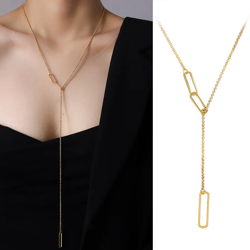 

Autumn Winter Fashion Chain Sweater Chain Length Adjustable Tassel Necklace Women's Accessories Titanium Steel Plated 18k Gold
