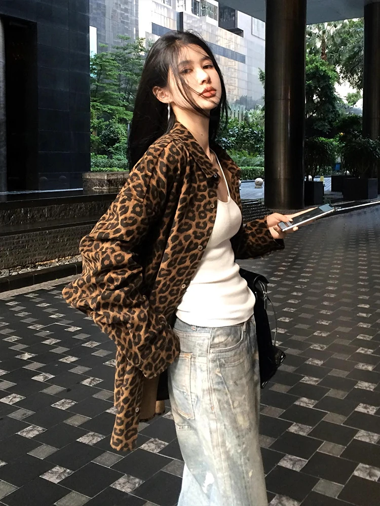 American retro Sle Gyaru Leopard Print Polo Collar Shirts Women Autumn New Idle Loose Slimming Temperament Top |