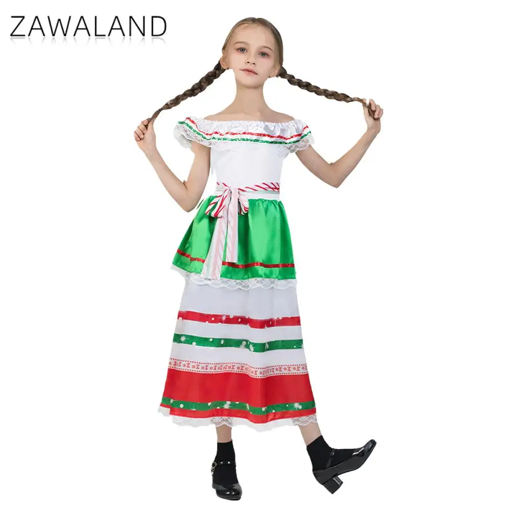 Zawaland красочный мексиканский костюм для девочек, комплект Folklorico, танцевальное платье на Хэллоуин, мексиканское вечернее платье для косплея, наряд для выступления на сцене (art.: 3920d0e09cab9) - 3920d0e09cab9
