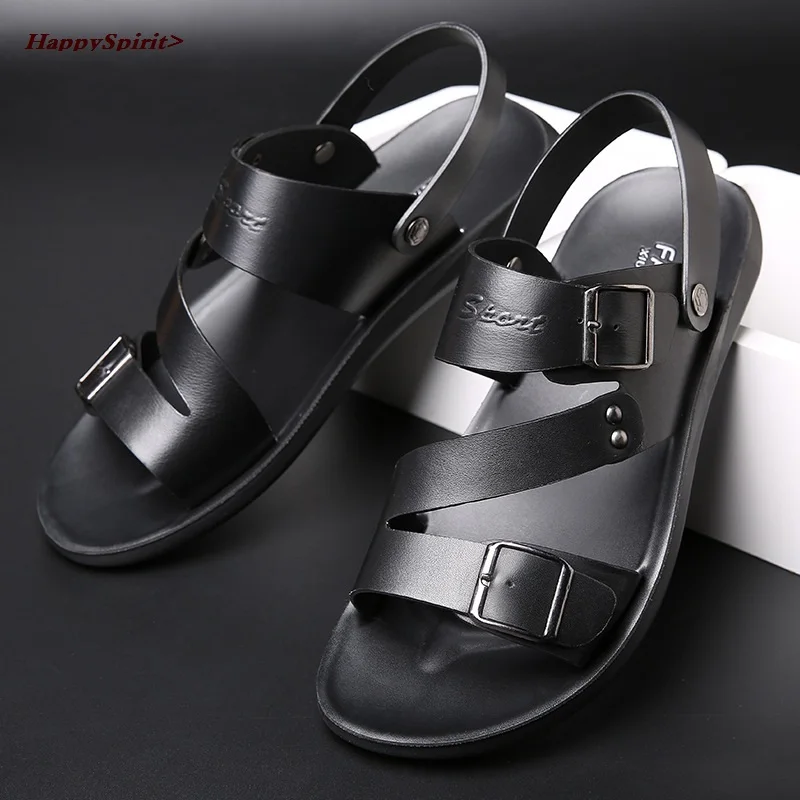 

Mens Sandals Leather Men Summer Shoes New Flat Beach Sandals Male Black Leather Shoes