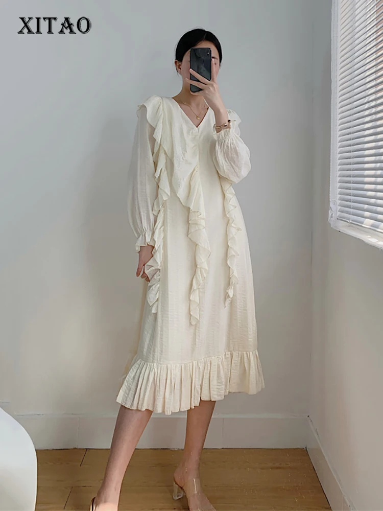 

XITAO Fashion Casual Dress Solid Color Simplicity French Flounced Edge Splicing Decorate Autumn New V-neck Dress WMD7100