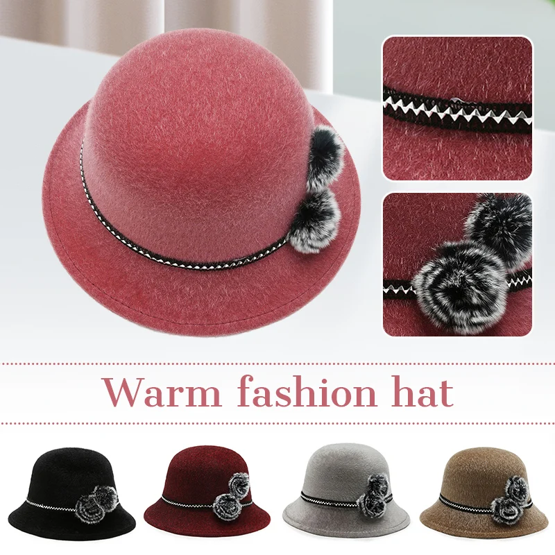 

Autumn Winter New Fashion Middle-Aged and Elderly Women's Wool Basin Hat Thick Warm Mom Grandma Fisherman Cap