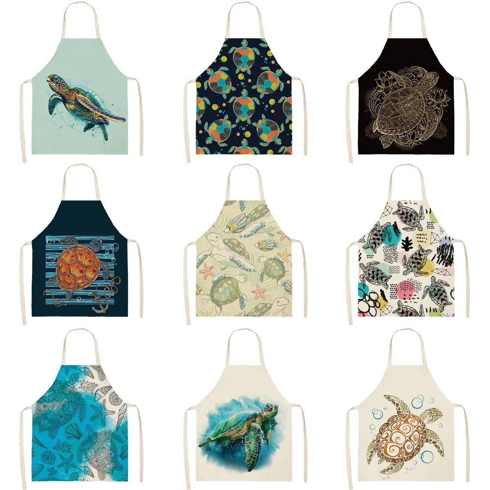 

Turtle Ocean color Pattern Cleaning Art Aprons Home Cooking Kitchen Apron Cook Wear Cotton Linen Adult Bibs baking accessories