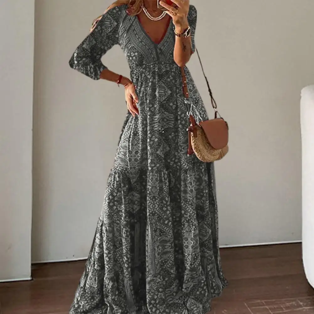 

Женское винтажное платье макси с принтом, летнее платье с глубоким V-образным вырезом и высокой талией, богемное свободное платье до пола с рукавом три четверти