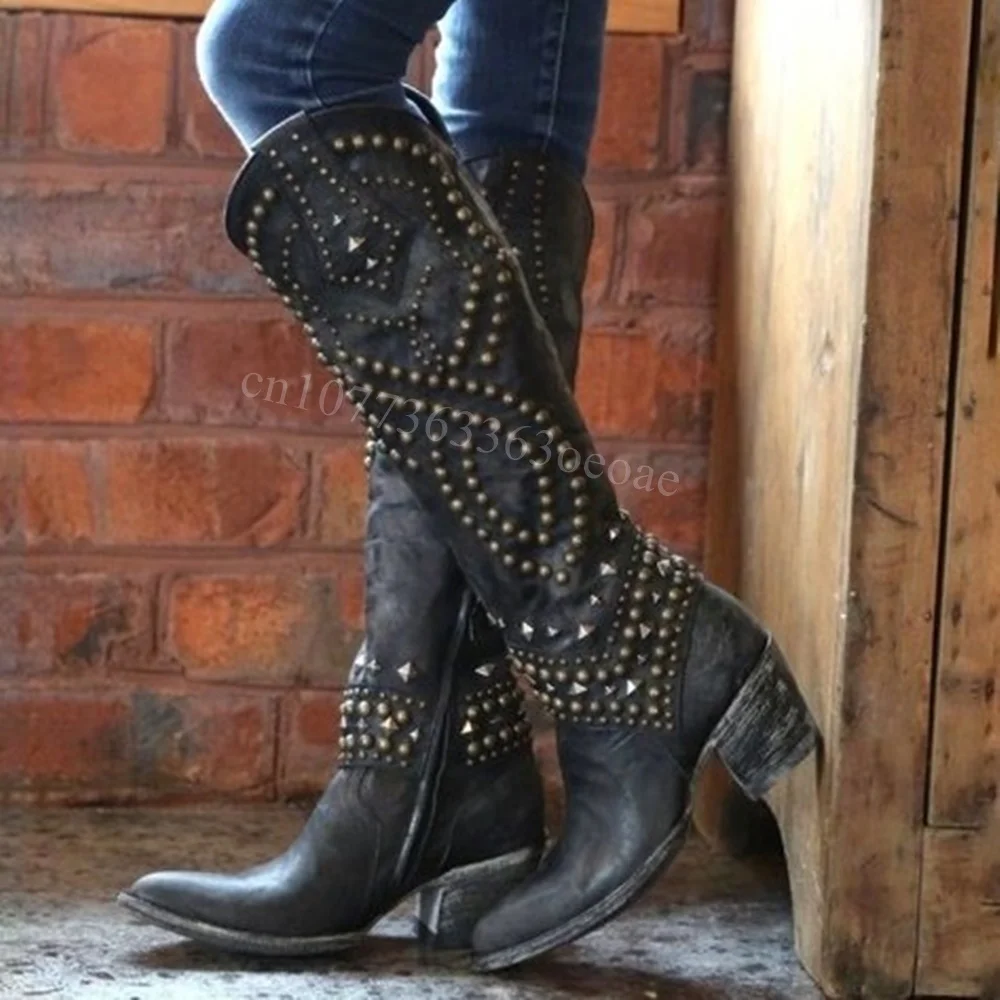 Женские ковбойские сапоги до колена матовые кожаные с заостренным носком и