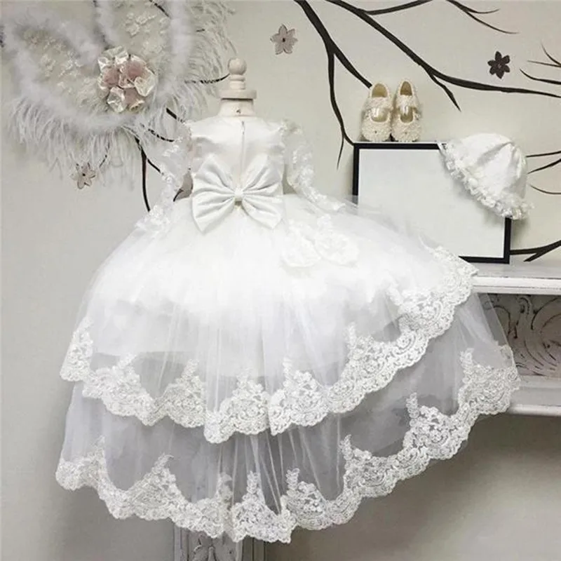 

Kids Long Sleeve Flower Girl Dresses Jewel Lace Applique Pageant Christening with Tiered Skirts for Wedding Party Princess Gown