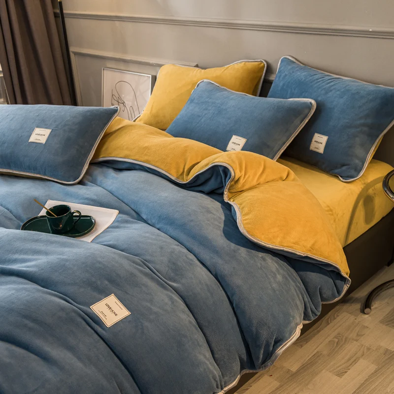 

Winter Milk Velvet Blue Yellow Duvet Cover 1pcs Soft Warm Keep Warm Bed Quilt Covers 220x240 Wash bedding Home Textiles