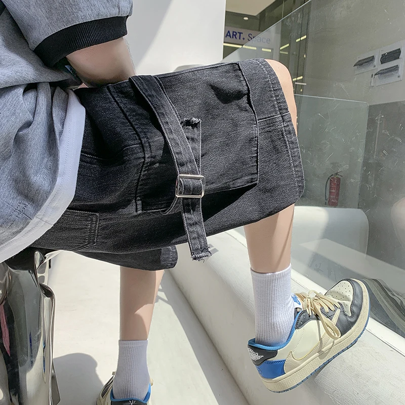 EOENKKY/2022 Summer Men'S Denim Shorts Casual Fashion Loose Stretch Jeans large pocket cargo pants Men