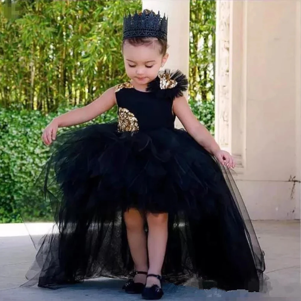 

2022 Lovely Black High Low Girls Pageant Gowns With Gold Sequins Tulle Flower Girl Dresses Baby Birthday Party Gown