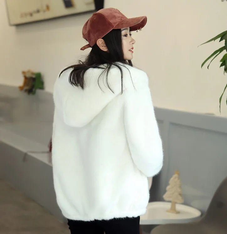 Fur-like Mink Coat Female Faux Fur Hooded Short Coat Rabbit Fur In Autumn  Winter Long Mink Female Agent Casual Girl Wear Jacket