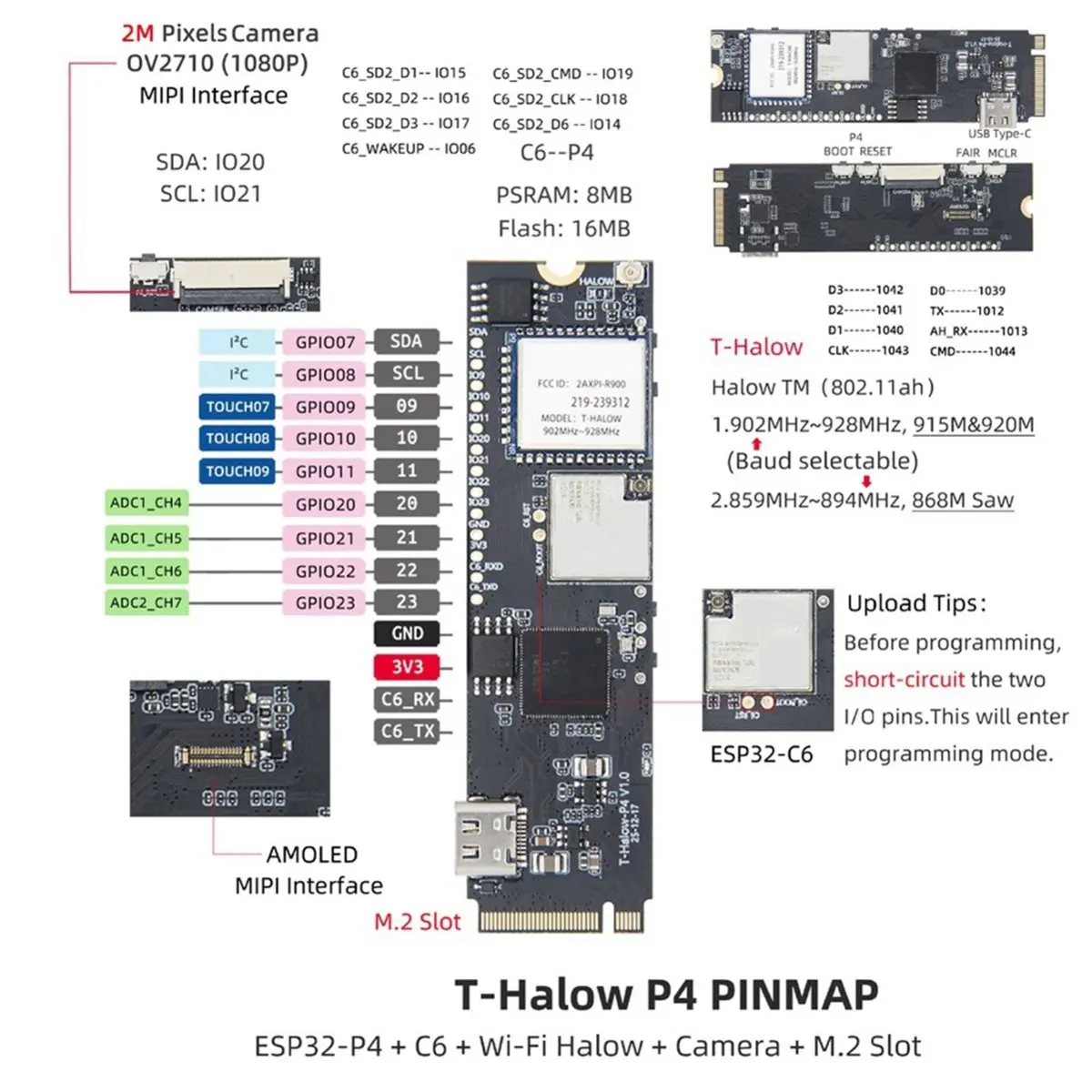 Новая плата разработки T-Halow P4 -P4 WiFi HaLow 2026 года - Модуль IoT C6 M.2 с WiFi 6, BLE 5, камерой, AMOLED-дисплеем, 915 МГц (art.: 3920dbdfab985) - 3920dbdfab985