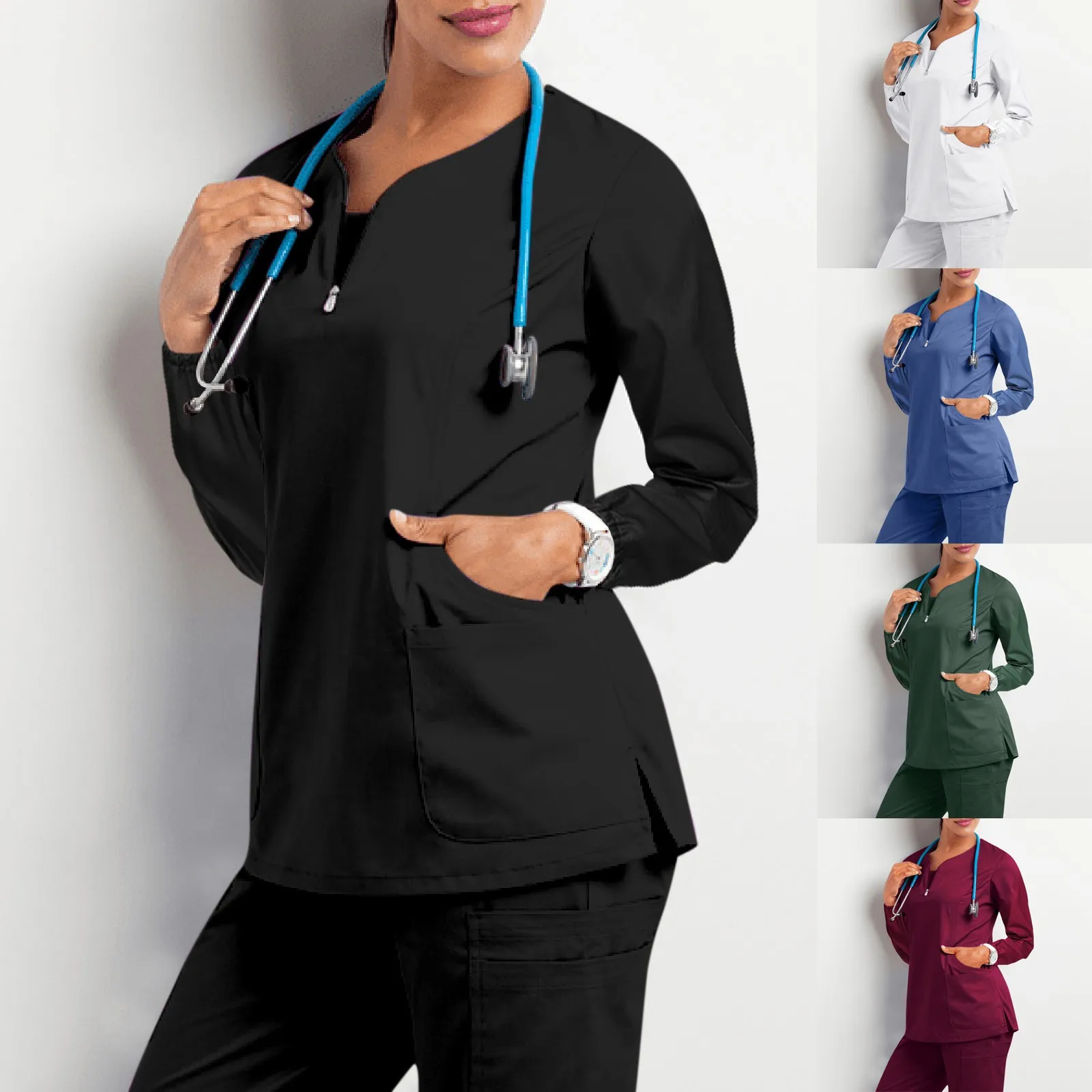 

Women's Mock Wrap Top Workwear Scrubs for Women Workwear Revolution Soft Stretch Zipper Long Sleeves T Shirts White Pocket Blusa