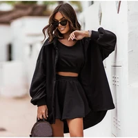 womens loose suits with shorts green oversized tracksuit 3 pieces set female long sleeve tops crop vest mini shorts outfits