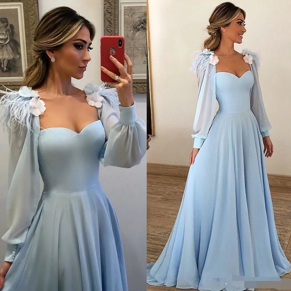 

Sky Blue Poet Long Sleeves Formal Evening Dress 2019 robe de soiree A Line sweetheart Flowers Chiffon Long Prom dresses Women