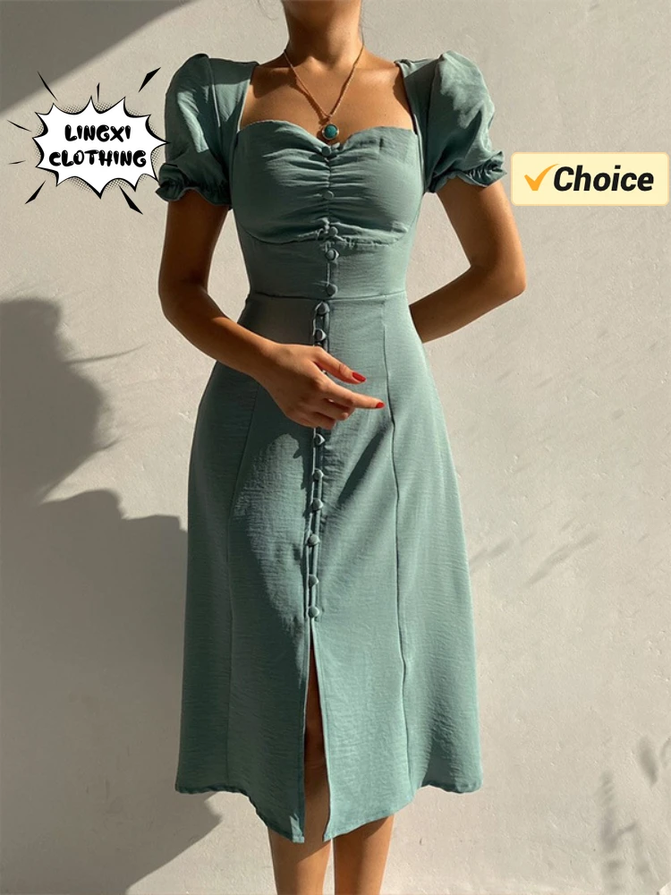Лето 2024 Женское Сексуальное Платье Миди С V-образным Вырезом Однобортное