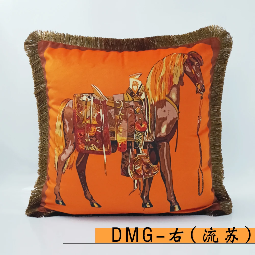 

Lizzie velvet plush double-sided orange horse classic pattern cushion printing tassel pillow cover package cute pillow
