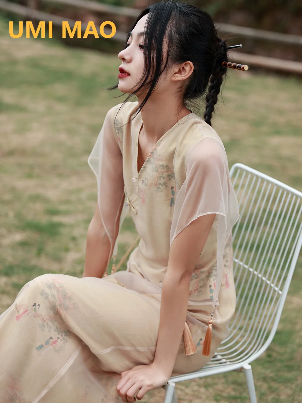 

Платье в китайском стиле UMI MAO с принтом воротника и перекрестным воротником женские летние новые винтажные платья с юбкой из двух частей