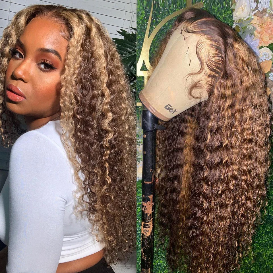 Deep Wave Highlight Ombre 13x6 13x4 Lace Front Wig Curly Human Hair Glueless Frontal Wigs Water Wigs Virgin Brazilian Closure