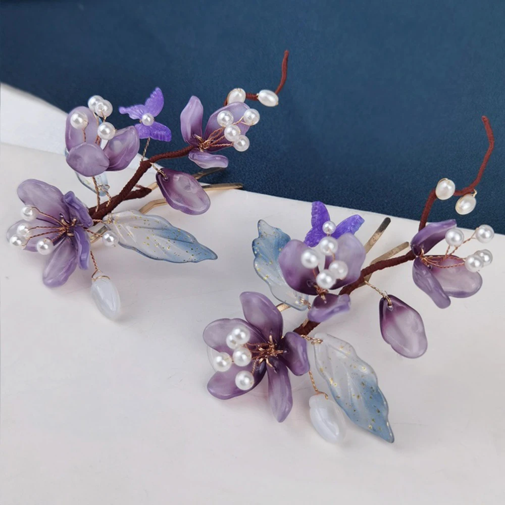 Retro Hairpins Purple Flower Chinese Hanfu Hair Accessories For Women Fairy Pearl Hair Clips Forks Vintage Wedding Hair Jewelry