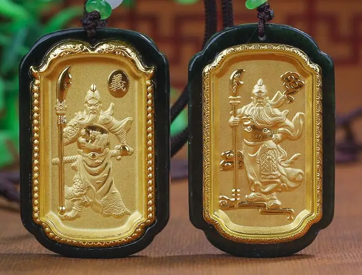 

Натуральный темно-зеленый нефрит + цельное золото инкрустированный китайский амулет GuanGong кулон ожерелье + сертификат подарок ювелирные изделия