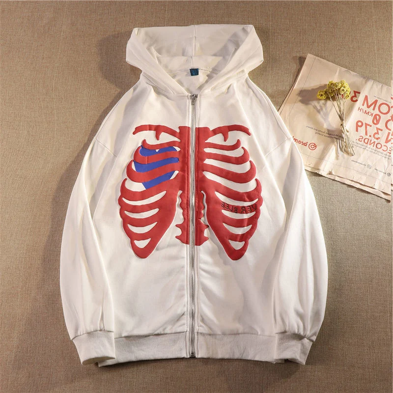 

Skeleton Print Zip-Up Hoodie Y2K Harajuku Loose Grunge Long Sleeve Gothic Hooded Jacket Retro Coat Oversized Sweatshirt