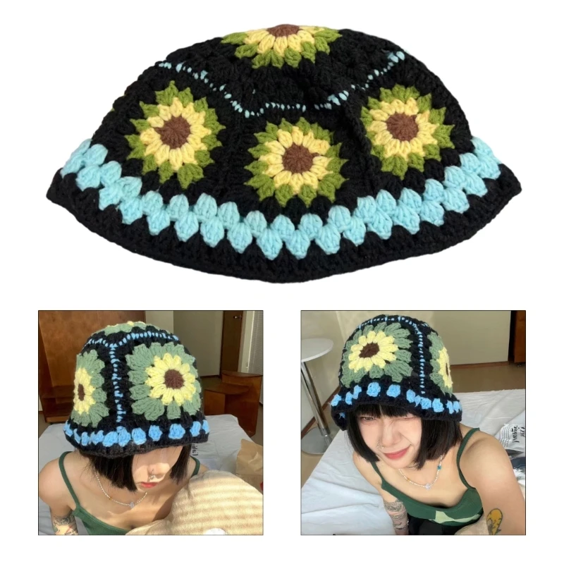 

Y1UB Summer Sunproof Crochet Bucket Hat Ladies Spring Commute Camping Fisherman Cap with Flower Pattern for Girlfriend