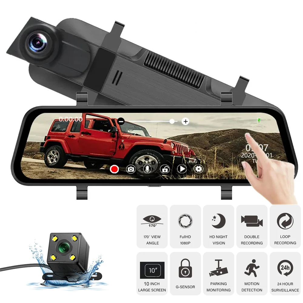 24H Dash Cam 10inch Car DVR Rear Camera Full HD 1080P Drive Video Recorder Registrator Auto Rearview Dual Dashcam Black Box