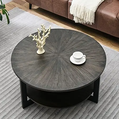 

Coffee Table with Storage Shelf, Farmhouse Living Room Cocktail Table with Black Metal Legs, Circular Solid Wood Center Tea/ Sof