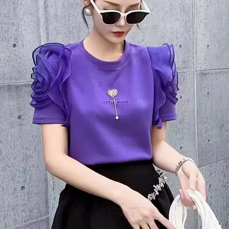 

Футболка женская с круглым вырезом, модный повседневный свободный пуловер с оборками и бисером, милый топ с коротким рукавом, лето 2023