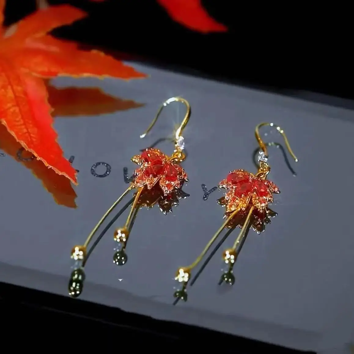 Trendy Maple Leaf Tassel Earrings Fashion Zircon Crystal Luxury Exquisite Female Temperament Earrings Necklace Jewelry Set images - 6