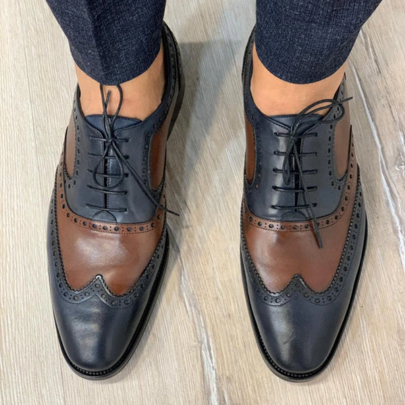 

Men Oxford Brogues Colorblock PU Square Toe Carved Splicing Lace Up Fashion Business Casual Wedding Party Daily Dress Shoes