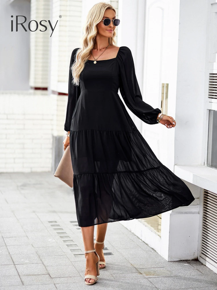 Women's Solid Color Square Neck High Waist Shirred Dress with Pockets 2023 Autumn New Elegant Green Long Lantern Sleeve Dress