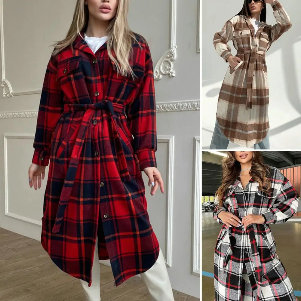 

Spring Overcoat Long Sleeves Color Matching Keep Warm Knee Length Tight Waist Autumn Coat Lady Overcoat for Daily Wear
